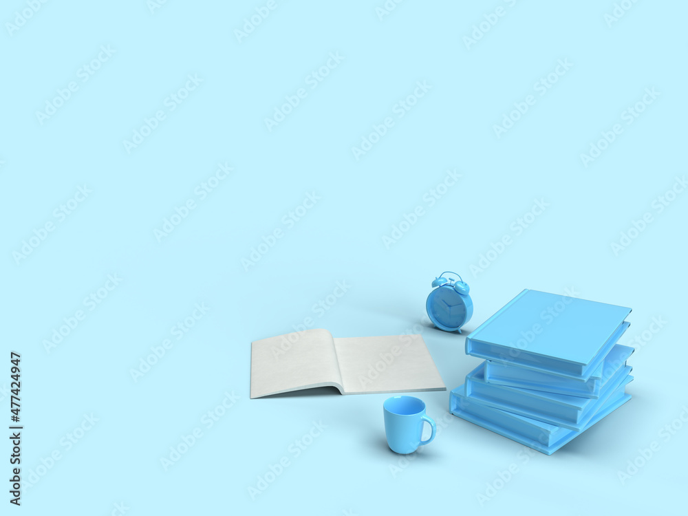 3d render. Time to get busy with education. A stack of books, an open notebook and an alarm clock in a minimalist style. Blue background 3d render. Time to get busy with education. A stack of books, an open notebook and an alarm clock in a minimalist style. Blue background