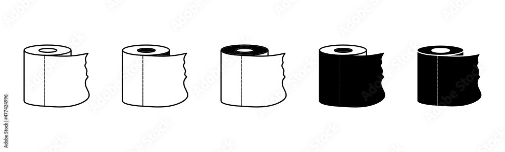 Wc toilet tissue paper roll. Black filled outline vector icon symbol. Wc tissue waste paper. Five tissue paper roll in row. Wc toilet tissue paper roll. Black filled outline vector icon symbol. Wc tissue waste paper. Five tissue paper roll in row.