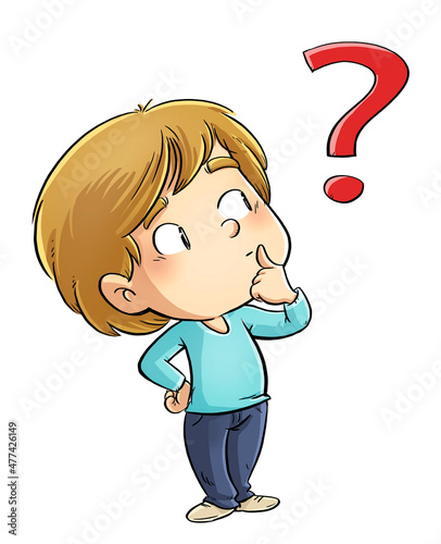 Illustration of child with expression thinking and questioning symbol photo