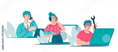 Customer service or telemarketing call operators at work. Call center and clients online support agents or telemarketers, cartoon flat vector illustration isolated on white background.