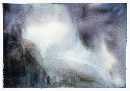 dark storm clouds over cliffs of fjord in Norway hand drawn by watercolors on white textured paper photo