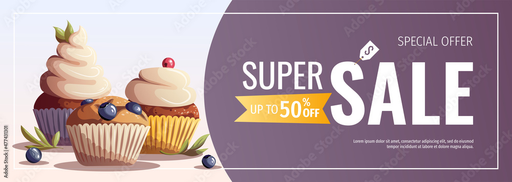 Flyer design with cupcakes and muffins for baking, bakery shop, cooking,  sweet products, dessert, pastry. Vector illustration for poster, banner,  cover, flyer, menu, sale, advertising. Stock Vector