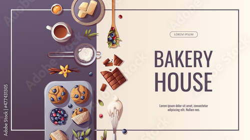 Banner design with muffins and utensils for baking, bakery shop, cooking, sweet products, dessert, pastry. Vector illustration for poster, banner, cover, flyer, menu, sale, advertising.