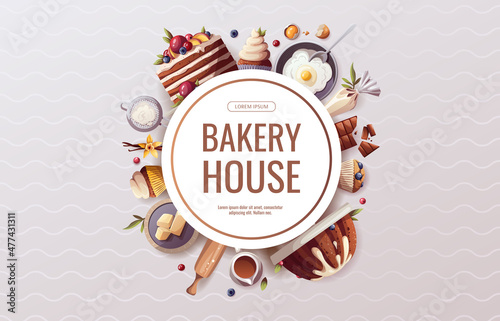 Banner design for baking, bakery shop, cooking, sweet products, dessert, pastry. Vector illustration for poster, banner, cover, flyer, menu, advertising.
