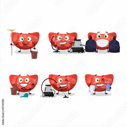 Cleaning service red orange gummy candy cute cartoon character using mop