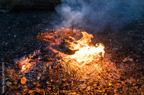 buring firewoods on pile of cinder in country garden at dusk