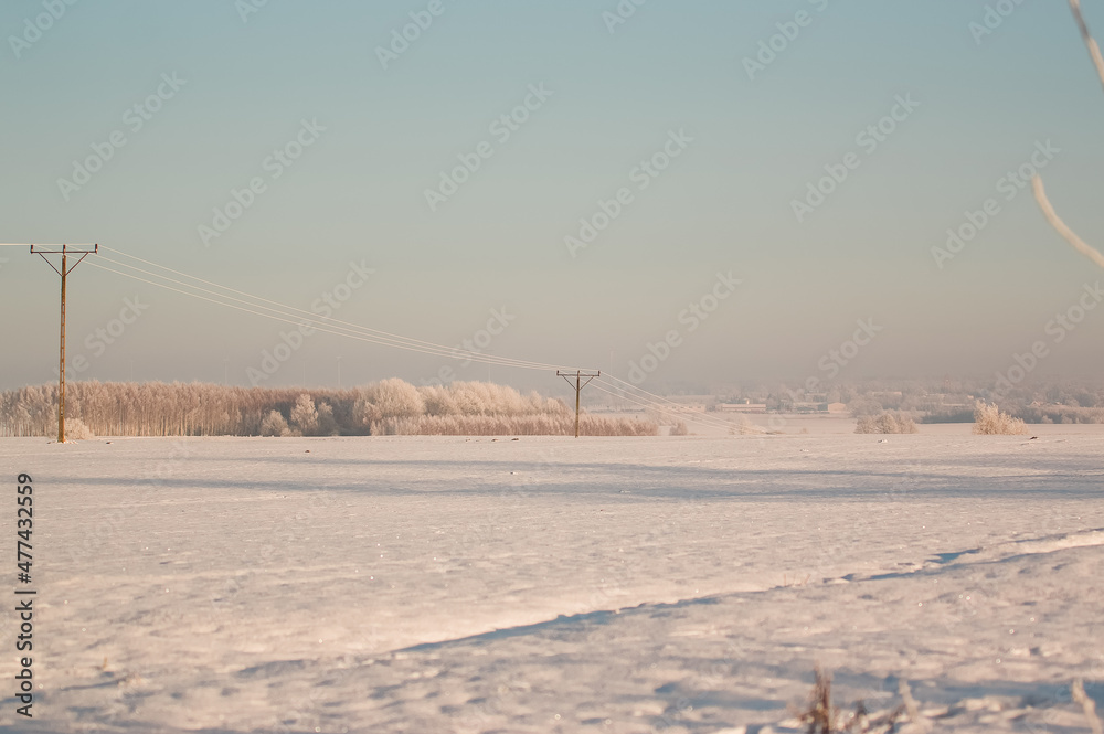 Zimowy krajobraz drewniane słupy z drutem elektrycznym na ośnieżonym polu