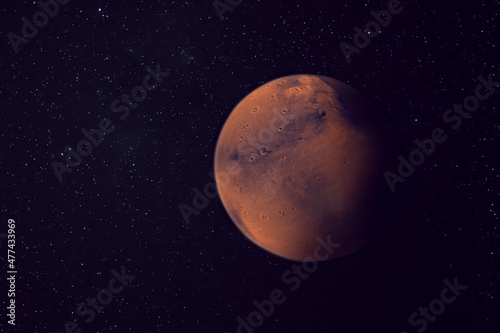 Planet Mars with craters and mountains with Stars in the  background
