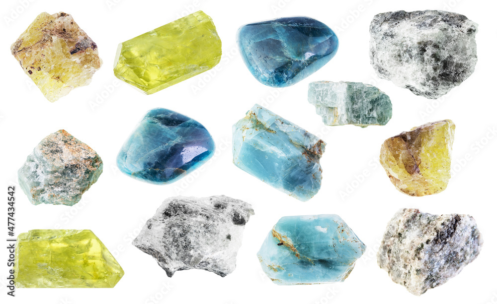 set of various apatite stones cutout on white set of various apatite stones cutout on white
