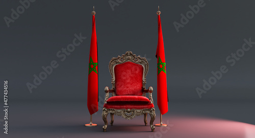 Konstfotografi 3D render of Red royal chair on a dark background betwin two flags, kingdom of m