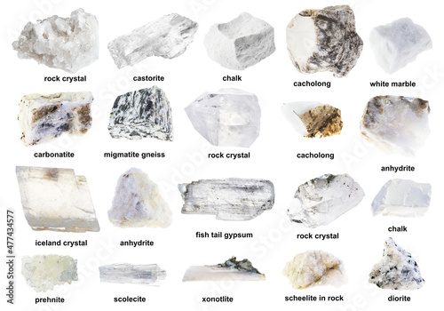 various raw white and colorless stones with names photo
