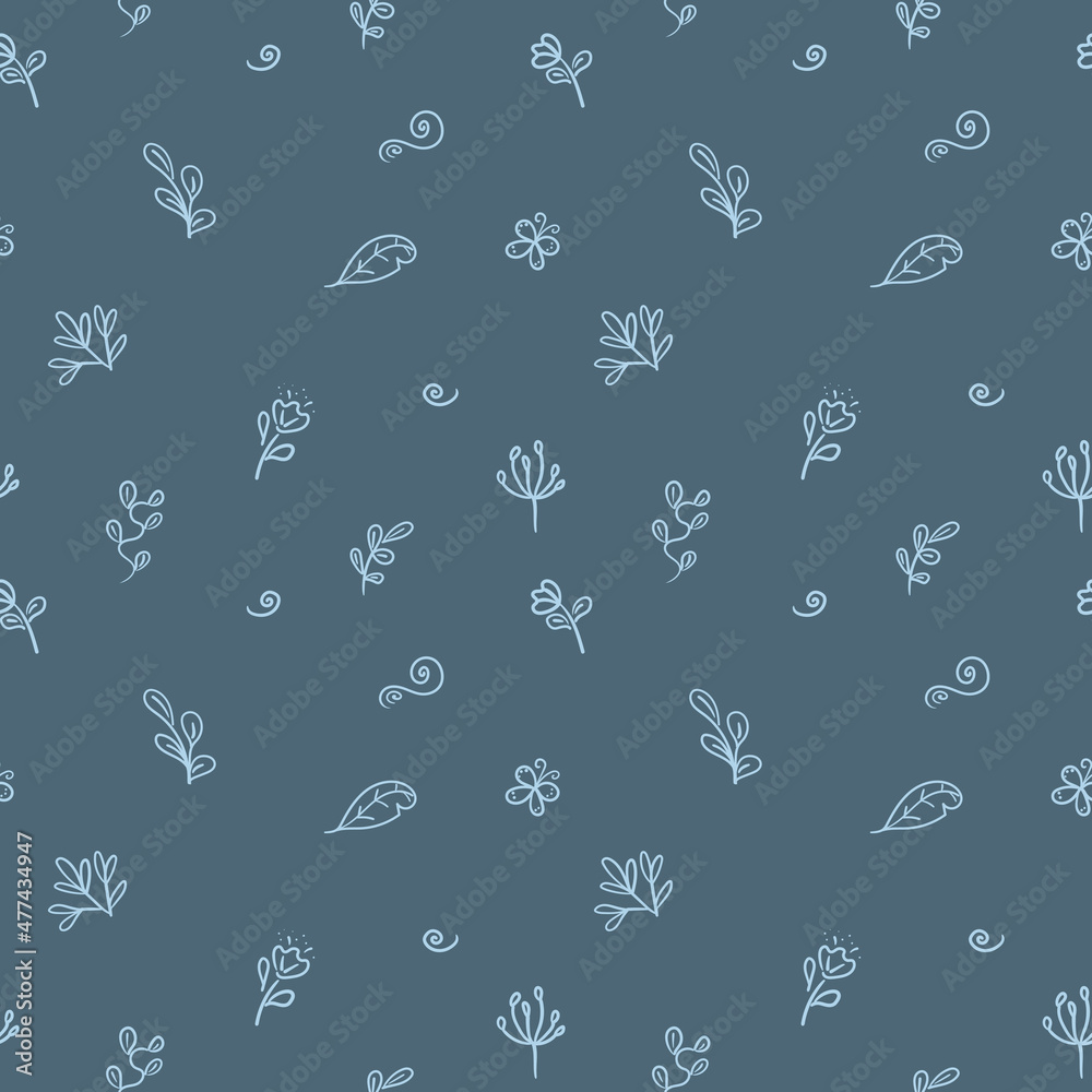 Seamless pattern, blue and light blue, plants, butterflies, feathers, spiral, flower Seamless pattern, blue and light blue, plants, butterflies, feathers, spiral, flower