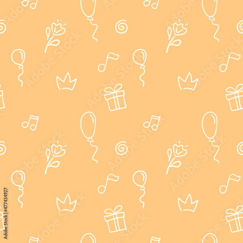 Seamless doodle pattern, gift, box, note, balloon, flower, spiral, crown