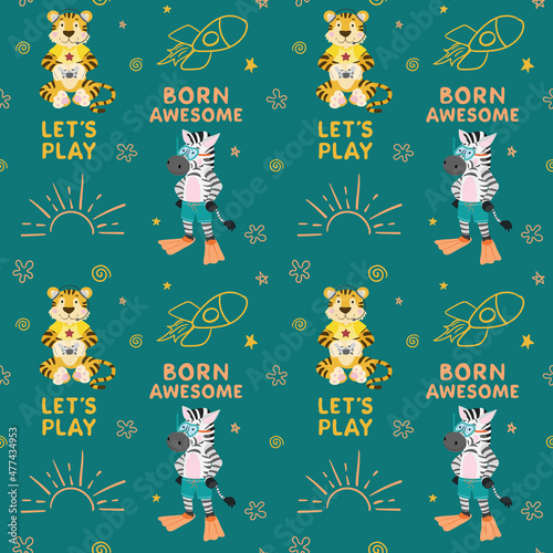 Seamless pattern, tiger with joystick, zebra in swimming mask and fins, let's play, born awesome