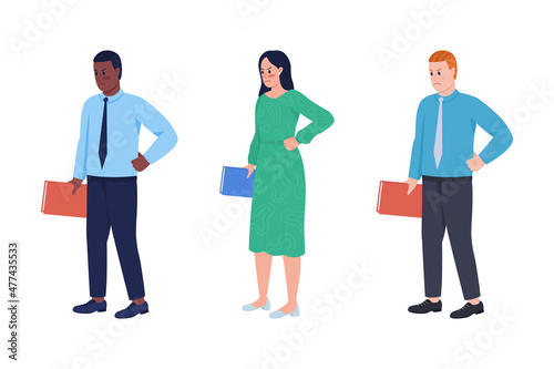 Strict teachers semi flat color vector characters set. Full body people on white. Angry professors isolated modern cartoon style illustrations collection for graphic design and animation