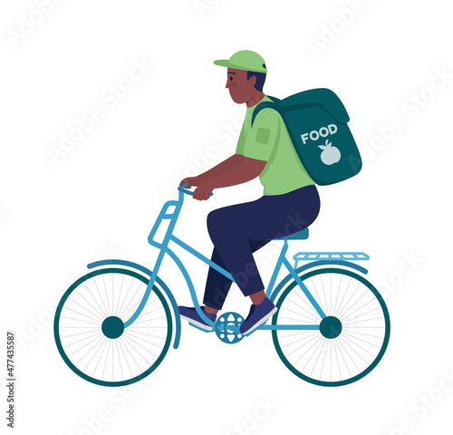 Courier ride on bicycle semi flat color vector character. Posing figure. Full body person on white. Delivery on bike isolated modern cartoon style illustration for graphic design and animation