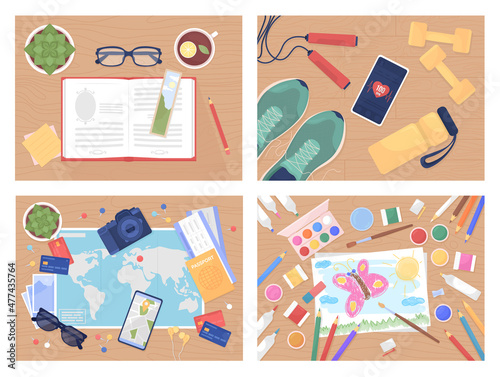 Daily activities flat color vector illustration set. Reading book. Fitness exercises. Planning travel. Drawing for kids. Top view 2D cartoon illustration with desktop on background collection