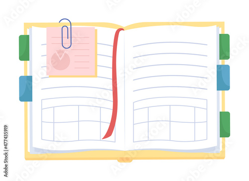 Open planner semi flat color vector object. Blank pages in diary. Notes in textbook. Realistic item on white. Lifestyle isolated modern cartoon style illustration for graphic design and animation