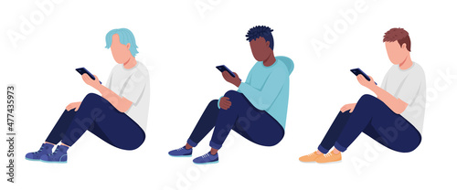 Teenagers addicted to phones semi flat color vector characters set. Full body people on white. Teens isolated modern cartoon style illustrations collection for graphic design and animation