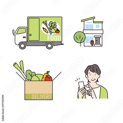 シンプル　イラスト　食品宅配サービスを利用する女性　セット