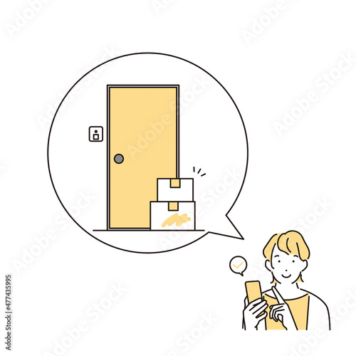 シンプル　イラスト　スマホで置き配を依頼する女性