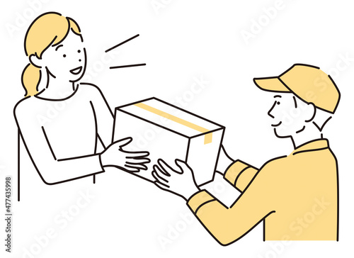 シンプル　イラスト　配達員から荷物を受け取る女性