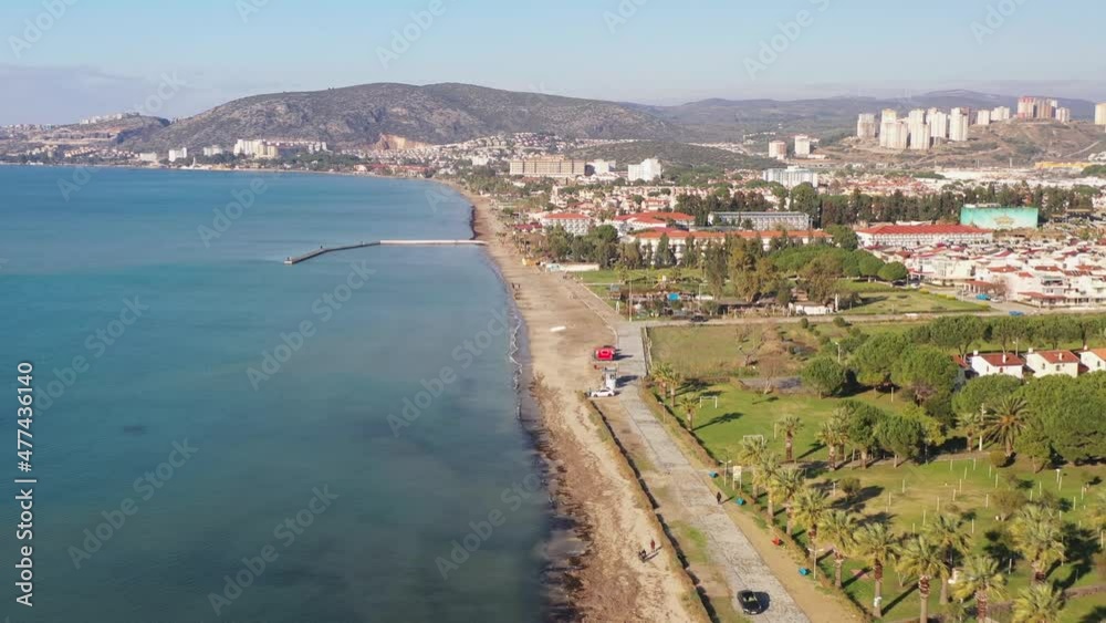 Aerial view of Silver beach in Kusadasi, Aydin, with tourist resorts and hotels Aerial view of Silver beach in Kusadasi, Aydin, with tourist resorts and hotels
