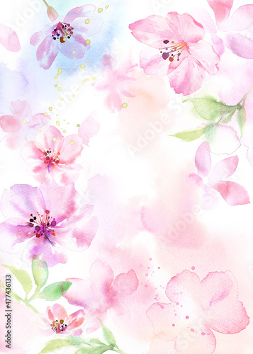 春の花：幻想的な桜のフレーム背景。水彩イラスト。ルーズタッチ。
