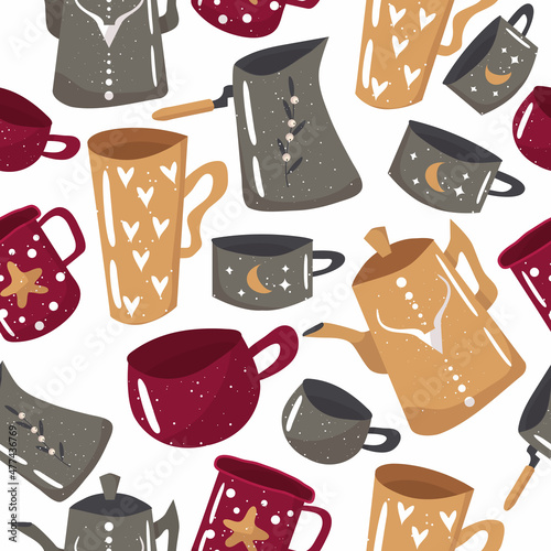 An unusual coffee pattern. Mugs for tea and coffee. Vector illustration in cartoon style. Ginger coffee, sea buckthorn tea. A delicious drink. A turk for making coffee. Scandinavian style. Teapot.