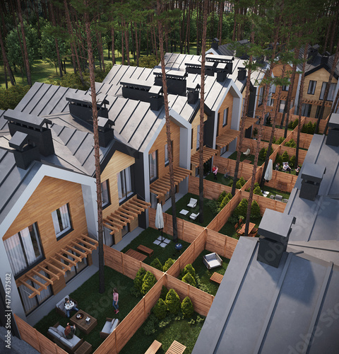 3d render of modern private townhouses in the wood, aerial view