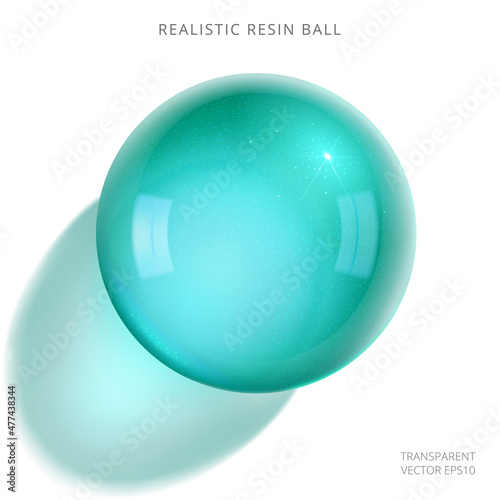 Turquoise polymer ball. 3d realistic vector bead. Transparent layer and grainy texture. Blue and green drop of gel. Icon of synthetic UV resin for 3D printing. Bright aquamarine tints