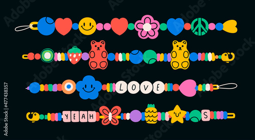Plastic beads Bracelets. Old school Friendship bands. Colorful funky bracelets with letters, stars, hearts, peace sign, gummy bear. Cartoon 90s style. Hand made, diy concept. Hand drawn Vector set