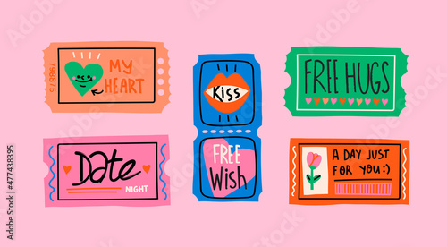 Love Coupons for boyfriend or girlfriend. Valentines day tickets. My heart, kiss, free hugs, date night, free wish, day for you. Love, romance concept. Hand drawn Vector set. All elements are isolated