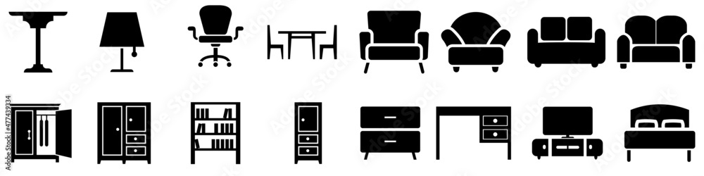 Furniture black icons Vector set. Furniture illustration symbol collection. Furniture black icons Vector set. Furniture illustration symbol collection.