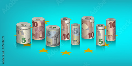 Wallpaper Mural 3D set of EU paper money, rolled into rolls. 5 and 10 euro banknotes, obverse and reverse with shadows on a bright cyan background Torontodigital.ca