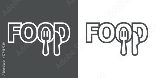 Banner con texto Food con tenedor y cuchillo con lineas en fondo gris y fondo blanco