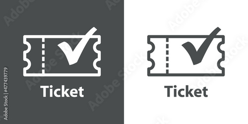 Logo compra entrada online. Icono ticket como casilla de verificación con checkmark con líneas en fondo gris y fondo blanco
