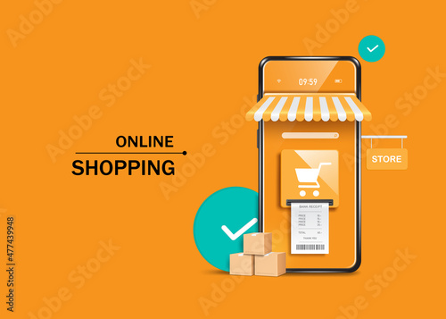 Receipts flowing from cart icon. and all on the smartphone store screen And there is an order stand icon with a parcel box placed next to it for online shopping cocept,vector 3d on orange background