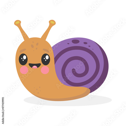 Cute little snail in cartoon style. Kids vector illustration. For kids stuff, card, posters, banners, children books, printing on the pack, printing on clothes, wallpaper, textile or dishes.