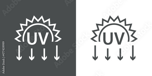 Concepto vacaciones de verano. Crema solar. Logotipo lineal con texto UV en sol con flechas en fondo gris y fondo blanco