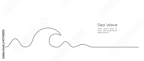 One continuous Line drawing of sea wave. Abstract seascape and concept for surf club in simple linear style. Modern Template for web banner and landing page. Doodle vector illustration