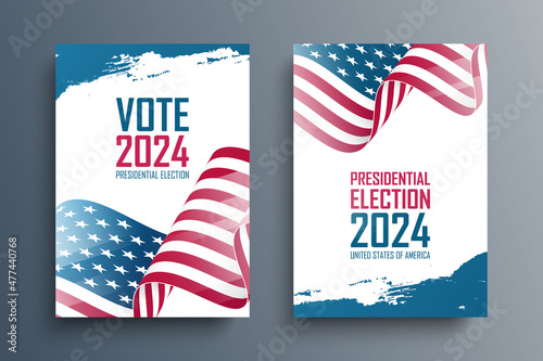 2024 United States Presidential Election Set. US President Elections Vote Posters with waving American flag. Vector Illustration.