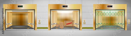set of industrial elevators or realistic gold elevators with chrome metal door or three iron elevator in factory site or building elevator with close open position. eps vector