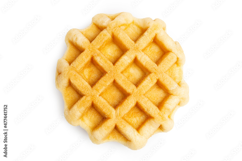 Top View of Freshly Baked Round Butter Waffle, Belgian breakfast pastry dessert, isolated on white background. Clipping path. Top View of Freshly Baked Round Butter Waffle, Belgian breakfast pastry dessert, isolated on white background. Clipping path.