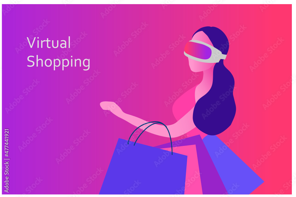 Woman wearing virtual reality goggle glass shopping online vector illustration. Metaverse 3D experience tecnology in shopping world Woman wearing virtual reality goggle glass shopping online vector illustration. Metaverse 3D experience tecnology in shopping world