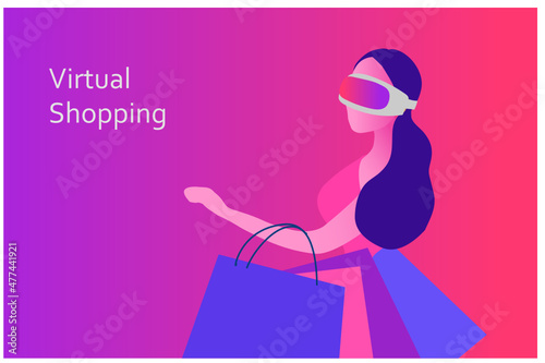 Woman wearing virtual reality  goggle glass shopping online vector illustration. Metaverse 3D experience tecnology  in shopping world
