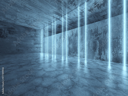 Neon Tube Lights Glowing In Concrete Floor Room