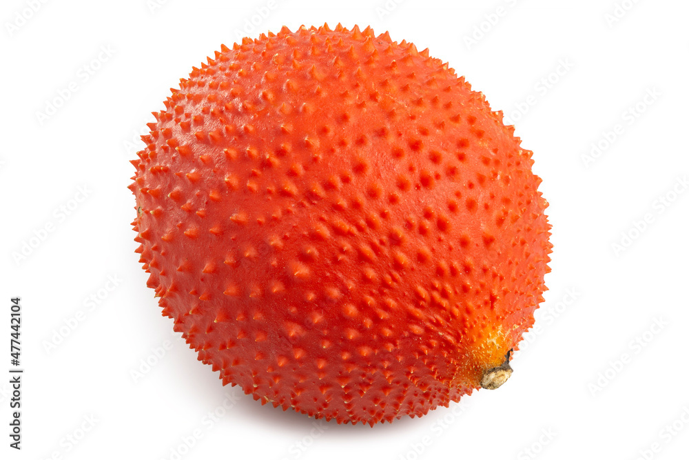 Fresh Gac Fruit or Baby Jackfruit, bright red fruit in round shape with thorns, isolated on white background. Clipping path Fresh Gac Fruit or Baby Jackfruit, bright red fruit in round shape with thorns, isolated on white background. Clipping path