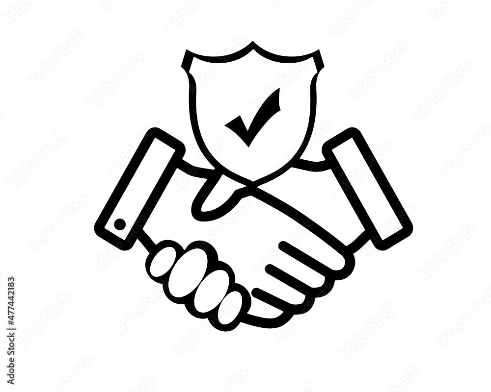 Shaking hands icon with sign and tick Shaking hands icon with sign and tick