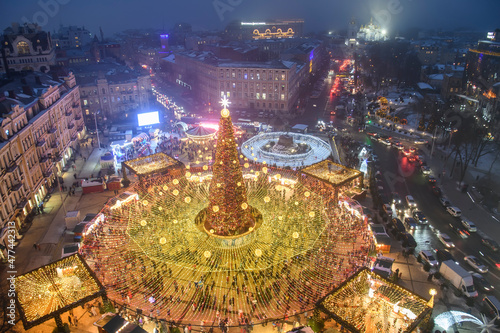 Aerial view of Christmas tree at the St Sophia Sofiyska square in central Kyiv, Ukraine. December 2021 photo